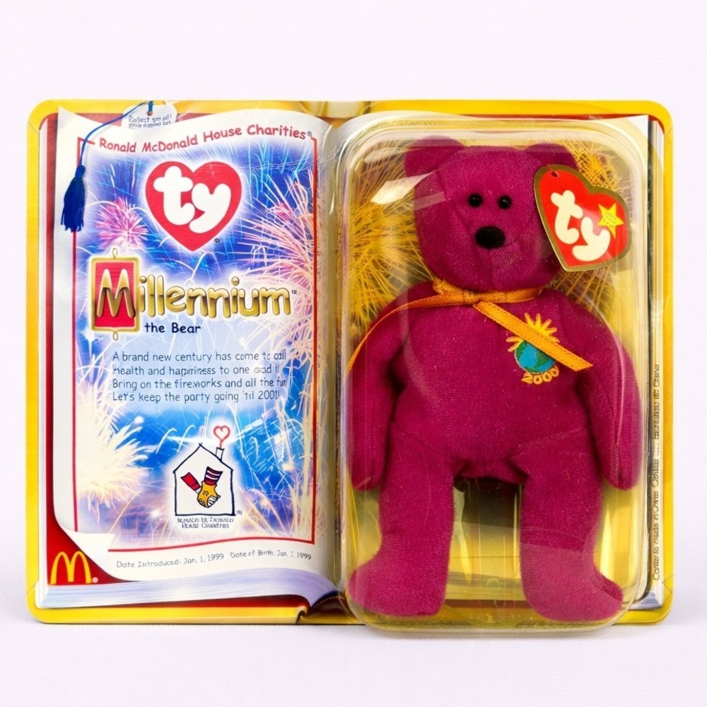 Ty Teenie Beanie Baby Millennium the Bear 2000 McDonald's RMHC Magenta Sealed